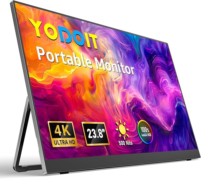 Yodoit Portable Monitor for Laptop 23.8" 4K UHD Travel Gaming Monitor Screen IPS Display with USB Type C Port and Built-in Speakers Compatible with PC, Xbox Black