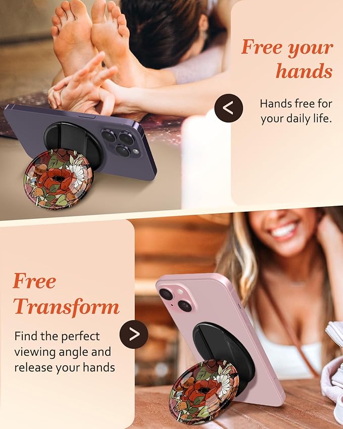 Kidcube Phone Grip Compatible with Magsafe - Magnetic Phone Grip Stand Cute Floral Finger Grip Kickstand Ring Holder Women Girls Compatible with Magsafe Accessories for iPhone 16/15/14/13/12 Series