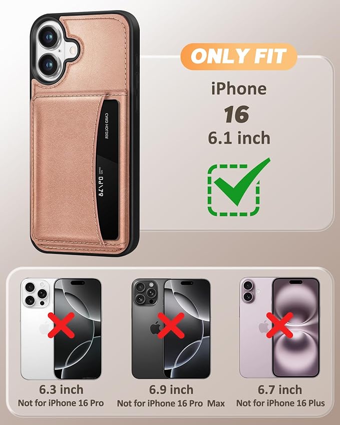 for iPhone 16 Wallet Case - Fits 4 Card Slots, Compatible with MagSafe for Women Aesthetic Durable PU Leather Credit Card Holder Kickstand Phone Cover for Apple 16, Rose Gold