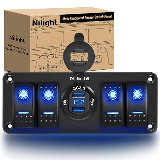 Nilight 4 Gang Rocker Switch Panel with QC3.0 Dual USB Charger Voltmeter