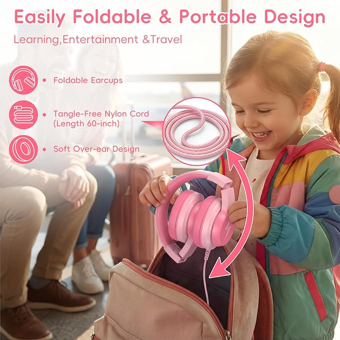 Wired Kids Headphones, USB Type C Headphones for Kids, 85dB Safe Volume, HD Stereo Sound, Comfortable Fit, Adjustable & Foldable,Ideal for School/Travel (Gradient Pink, Without Microphone