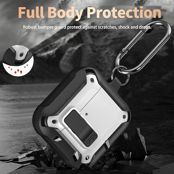 for Airpods 4 Case with Lock Clid, Rugged Apple Airpods 4th Generation Cover 2024 Men Women, Armor Shockproof iPod 4 Gen Protective Hard Shell with Carabiner&Cleaner kit,Black/White