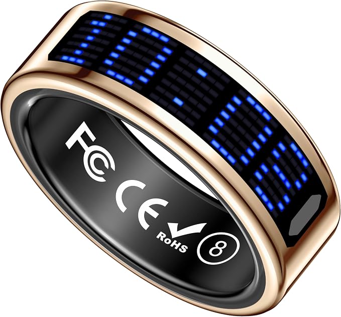 Smart Ring Health Tracker with Display Screen, Sleep Tracker with Heart Rate, Fitness Ring Step Tracker for Activity Monitoring/Steps/Calories,Wireless Charging, for iOS Android (Gold, #14)