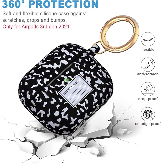 Silicone Compatible with AirPods 3 Case 2021 (Not Fit Pro), Gawnock Soft Case Compatible with AirPods 3rd Generation Floral Print Cover for Women Girls with Keychain (Composition Book Black)