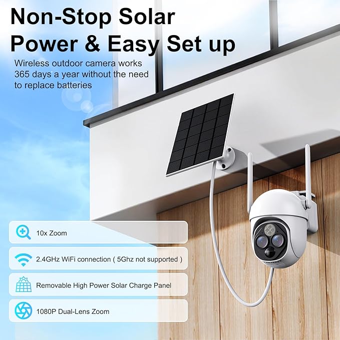 10X Zoom Solar Cameras for Home Security, Dual-Lens WiFi Security Camera Wireless Outdoor, 360 PTZ/PIR Motion Detection/Dual Strobe Light /2-Way Audio