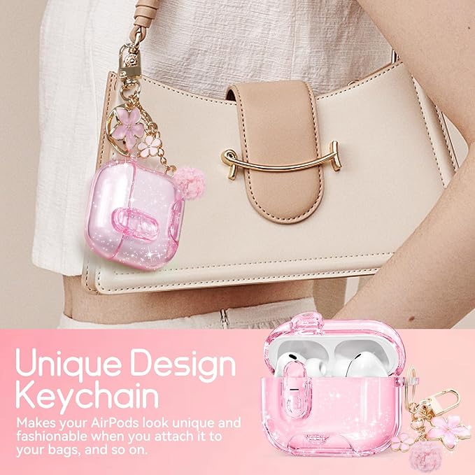 Clear Case for AirPods Pro 3 Case Cover with Safety Lock,Soft TPU Cover with Phone Stand & Cleaning Kit,Cute Bling Keychain for Women Girls-Glitter Pink