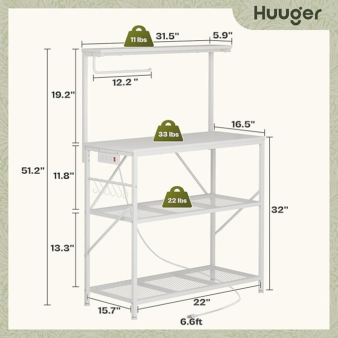 Huuger 4-Tier Bakers Rack with Reversible Power Outlet, 31.5 Inch Microwave Stand with Paper Towel Holder, Kitchen Bar, Larger Storage with Top Shelf, 6 S Hooks, White
