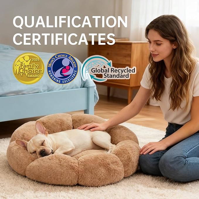 OhGeni 24 inches Calming Donut Dog & Cat Bed for Small Pets, Warming Comfort Fluffy Short Pile Fur, Durable Machine Washable Round Bed, Cute Round Bed for Puppy and Kitten, Camel