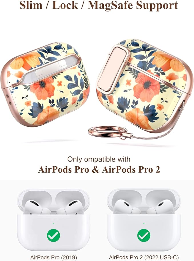 TATOFY for AirPods Pro 2nd Generation Case with Lock Carabiner Cleaner, Slim AirPod Pro 1st & 2nd Hard Case Cover, Compatible with MagSafe (Yellow)