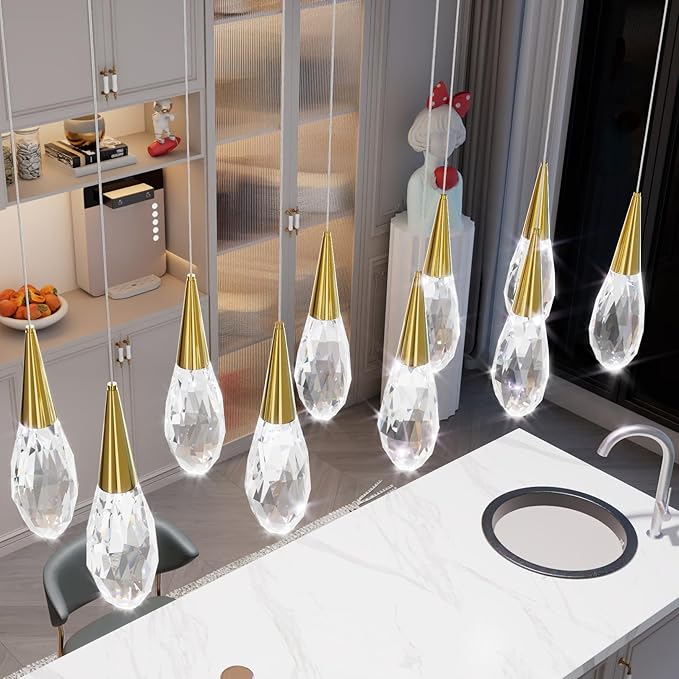 10-Lights Modern Rectangular Chandelier LED Gold Rectangular Pendant Light Fixture Raindrop Chandelier for Dinning Room Staircase Living Room Foyer