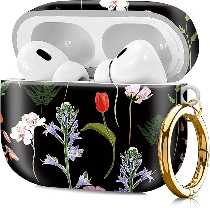 Compatible with Airpod pro 2nd/1st Generation Case Cover with Gold Round Keychain Cute Pattern Hard & Anti Slip Cover for Men Women & Girls（Blooming Flowers）