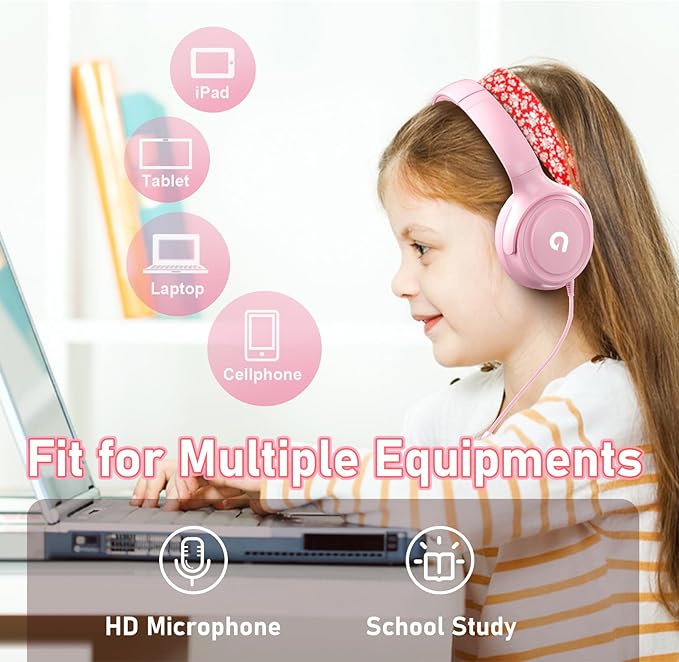 Kids Headphones with Cord-3.5mm Jack 85/94dB Safe Volume Control Built-in Microphone On-Ear Headphones for Kids/Teens/Girls/School/Travel/3.5mm Devices(Pink)