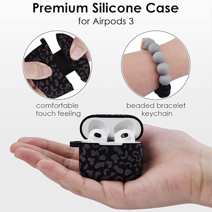 Case for Airpods 3 (2021), Filoto Silicone Airpod 3rd Generation Case Cover with Bracelet Keychain, Cute Protective Case for Apple Air Pod 3 Wireless Charging Case Women(Dark Leopard)