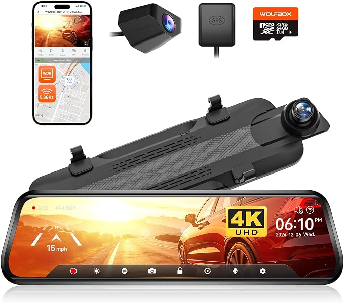 WOLFBOX G930 10'' 4K Rear View Mirror Camera with 64GB Card,5.8GHz WiFi