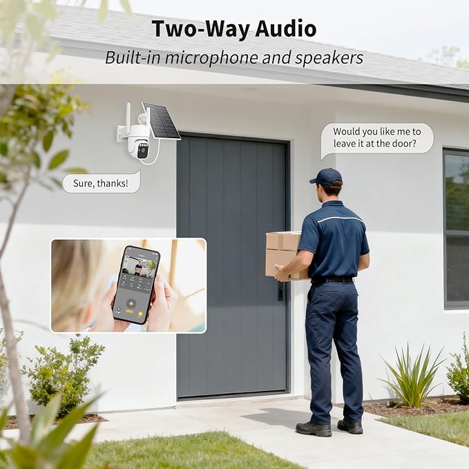 Solar Security Cameras Wireless Outdoor, 360°View, Color Night Vision, SD/Cloud Storage, Auto Tracking, 2-Way Talk, 2.4GHz WiFi, IP65 Waterproof