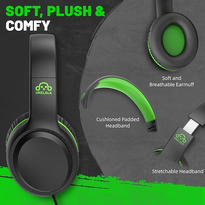 Wired Headphones with Type C Cable for Boys Girls Kids Youth, USB-C Headphones Lightweight Portable Compatible with Pad Phone for Adults Student Children Black Green
