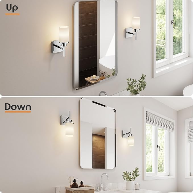 Vanity Lights Polished Chrome Bathroom Light Fixtures with White Frosted Glass Shade, Wall Sconces for Mirror Hallway Entrance, 2 Pack T001CH-L1-P2