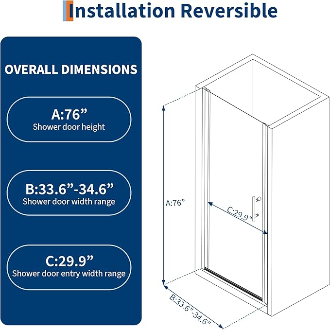 72 x 34 Inch Shower Doors with 1/4" (6mm) Tempered Glass, Single Shower Door, Easy Installation for Modern Bathroom