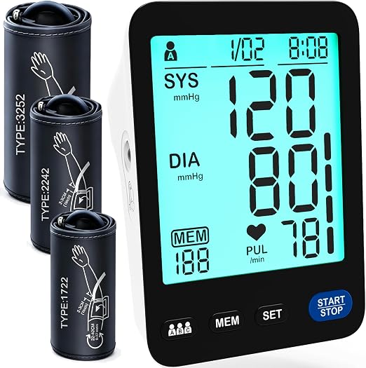 Blood Pressure Monitor for Home Use 3Cuff-FDA-Cleared S/M/L/XL Size Automatic Upper Arm BP Machine Adjustable Cuffs Large LCD Digital Display Black 3X199 Memory Fit Teens &Adult All Body Types
