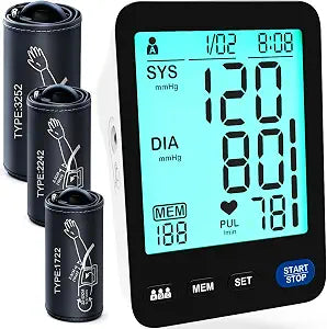 Blood Pressure Monitor for Home Use 3Cuff-FDA-Cleared S/M/L/XL Size Automatic Upper Arm BP Machine Adjustable Cuffs Large LCD Digital Display Black 3X199 Memory Fit Teens &Adult All Body Types