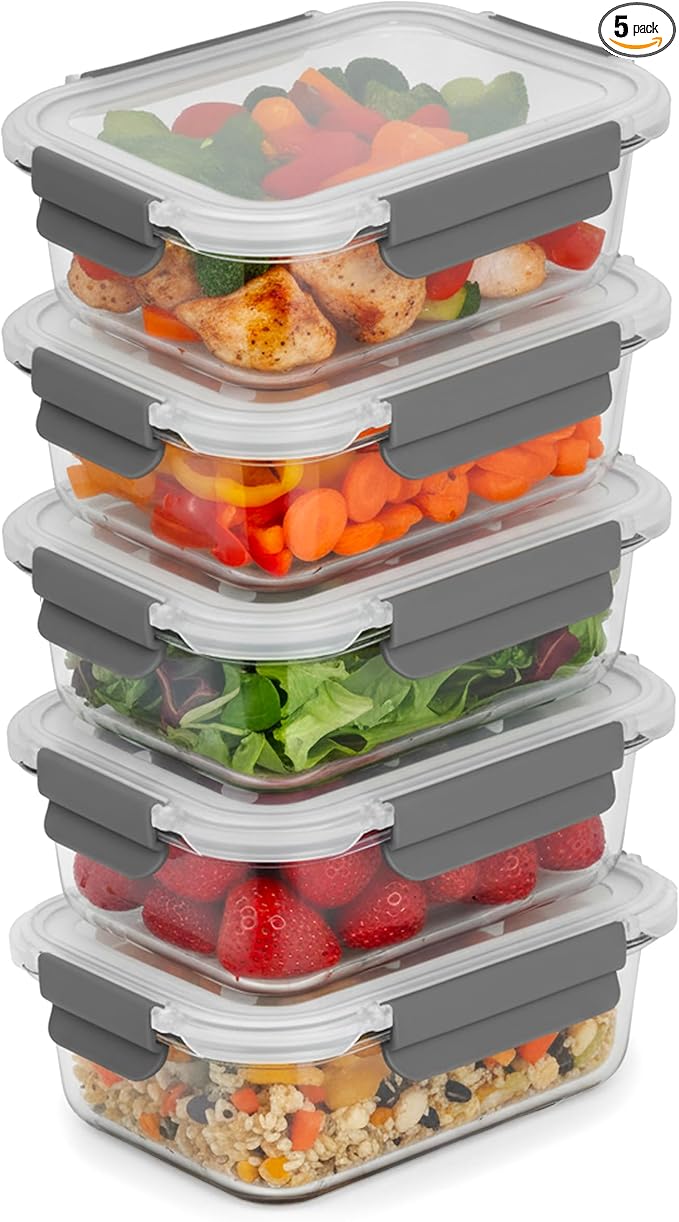 ECOBERI 4.5 Cup Glass Meal Prep Containers with Lids & Silicone Sleeves, 5-Pack Airtight, Leak-Resistant Food Storage Containers for Fridge, Freezer, Oven & Microwave