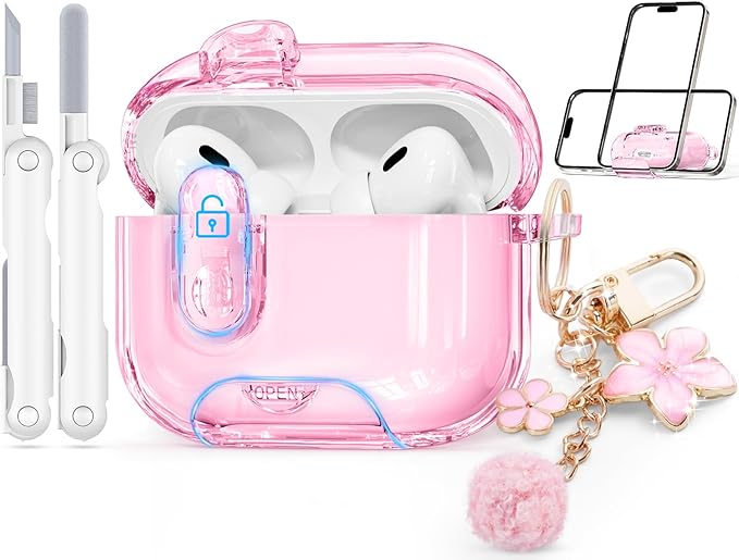 Clear Case for Airpods Pro 2 Case Cover with Safety Lock,Soft TPU Cover with Phone Stand & Cleaning Kit,Cute Bling Keychain for Women Girls-Clear Pink