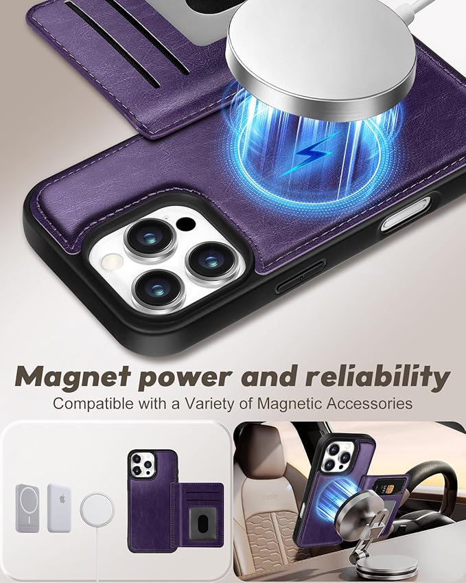 for iPhone 16 Pro Case with Wallet - Fits 4 Card Slots, Compatible with MagSafe for Women Aesthetic Durable PU Leather Credit Card Holder Kickstand Phone Cover for Apple 16 Pro, Purple