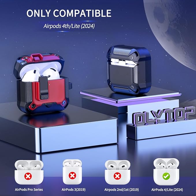 for Airpods 4 Case with Phone Stand&Lock Clip, Rugged Apple Airpods 4th Generation Cover 2024 Men Women, Armor Shockproof iPod 4 Gen Protective Hard Shell with Carabiner&Cleaner kit, Black/Red