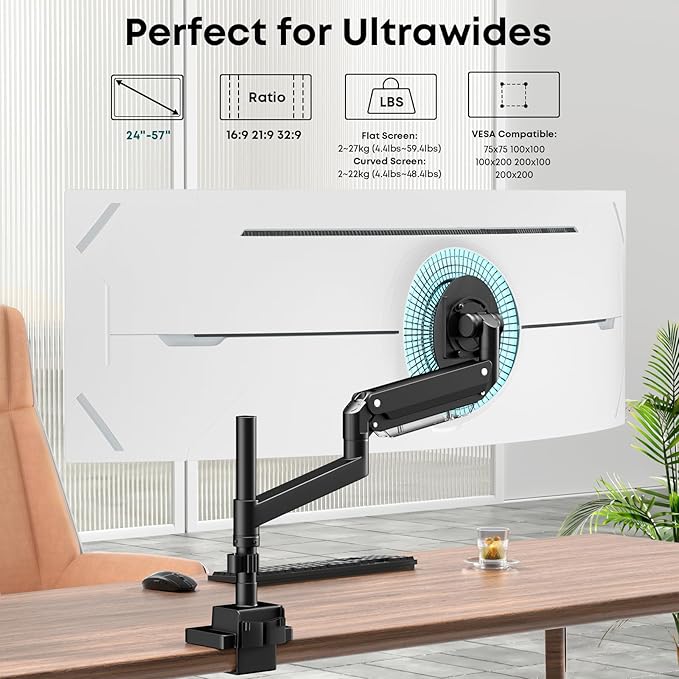 Single Monitor-Arm Heavy Duty for 24-57-inch - Ultrawide Aluminum Single Pole Monitor Mount,Fully Adjustable, Ideal for Gaming, Office & Home Use, Max Load 59.4lbs, VESA 75/100/200 mm, Black