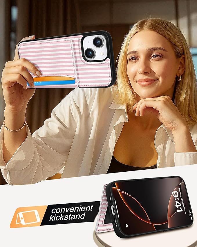 for iPhone 15 Plus Case with Wallet - Fits 4 Card Slots, Compatible with MagSafe for Women Aesthetic Durable PU Leather Credit Card Holder Kickstand Phone Cover for Apple 15 Plus, Stripe