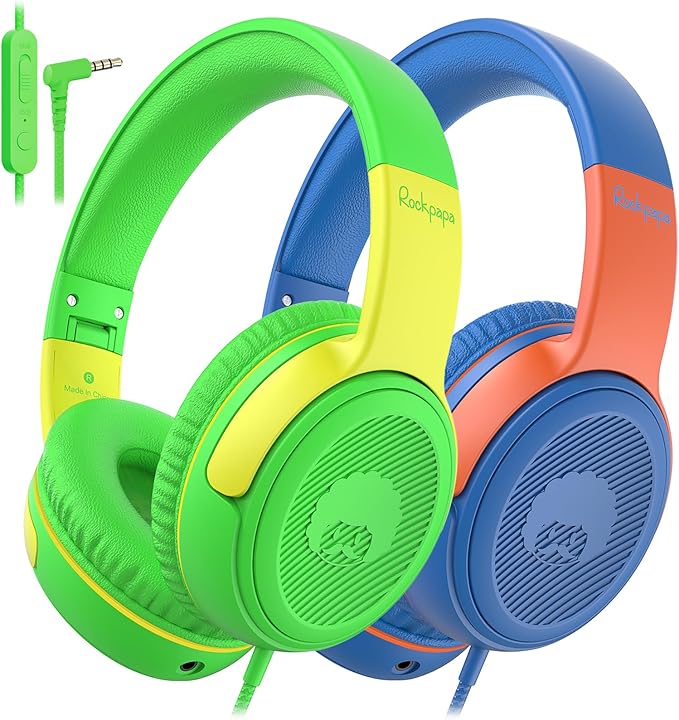 rockpapa Share 1 Kids Headphones Wired with Microphone & Share Port, 85dB/94dB Volume Limited, Cute Foldable Student Child Boys Girls Headphones for School/Travel Green/Yellow+Blue/Orange