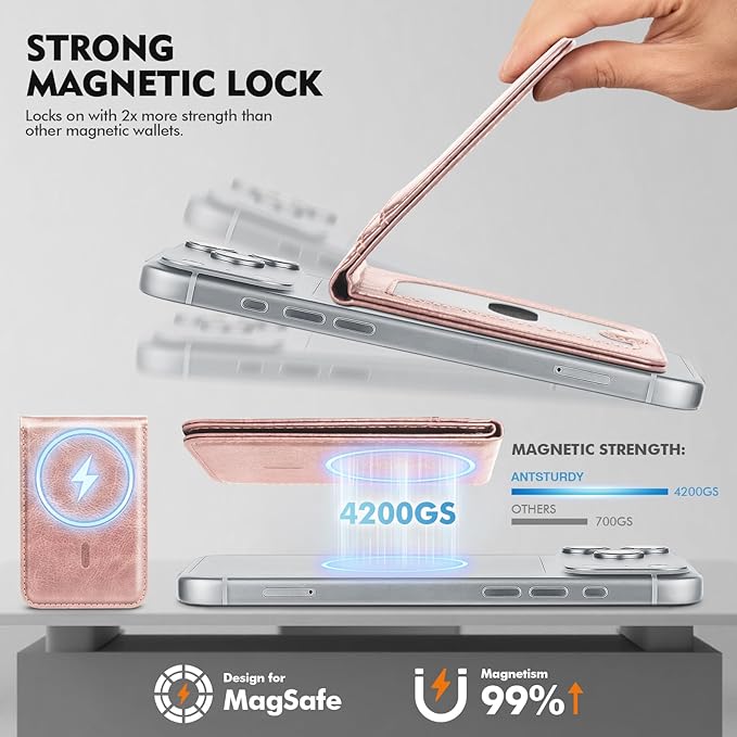 Compatible with Magsafe Case with Card Holder for Men Women Magnetic Ultra-Thin Wallet Bracket Adjustable Bracket for iPhone 17/16/15/14/13/12 Pro/Pro Max/PlusSeries,Rose Gold