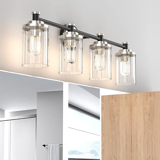 Bathroom Lighting Fixtures Black and Brushed Nickel Bathroom Vanity Light with Cylindrical Clear Stripes Glass Lampshade E26 Socket Base Bathroom Lighting Fixtures Over Mirror (4 Lights)