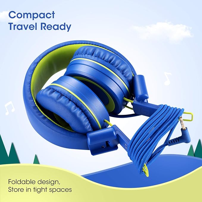 noot products Kids Headphones with Microphone K12 Stereo 5ft Long Cord with 85dB/94dB Volume Limit Wired On-Ear Headset for iPad/Amazon Kindle,Fire/Toddler/Boys/Girls/School(Blue/Lime)