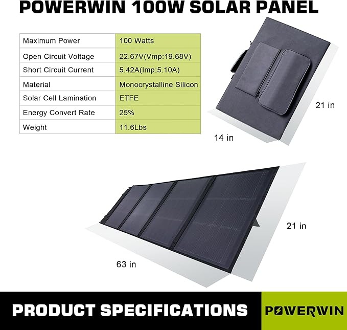 POWERWIN PWS110 100W 20V Foldable Solar Panel with Shingled Design Adjustable Kickstand for Home Camping RV Charging Portable Power Station (2 PCS)