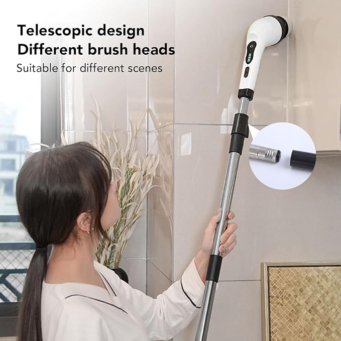 Cleaning Brush, Ipx7 Water Proof Electric Brush for Washing Bathroom, Features a Long Handheld Grip, Interchangeable Heads and Cordless Convenience, for Tiles, Bathtubs, Toilets