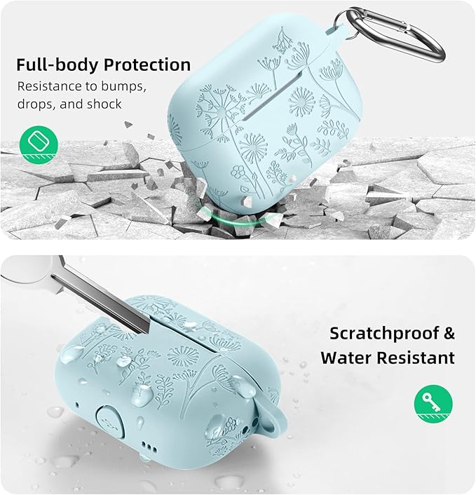 Lerobo for Airpod Pro Case/Airpod Pro 2 Case Cover, Flower Engraved Cute Silicone Skin Full Protective Cover Compatible with Apple Airpods Pro 2nd/1st Generation Case with Keychain, Turquoise