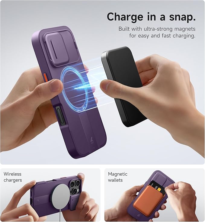 SURITCH for iPhone 16 Pro Case with Slide Camera Cover and Adjustable Kickstand, Compatible with MagSafe, Shockproof Bumper Case Slim Protective Cover for iPhone 16 Pro 6.3 Inch, Dark Purple