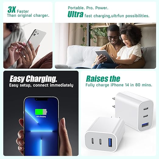 [2-Pack]iPhone 17 16e 15 Charger Block,35W 3-Port Fast USB C Charger Block Dual Port PD Power Adapter + QC Wall Plug Multiport USBC Wall Charge Block for iPhone 17/17 Air/17 16 15 Pro/Pro Max/14/13/12