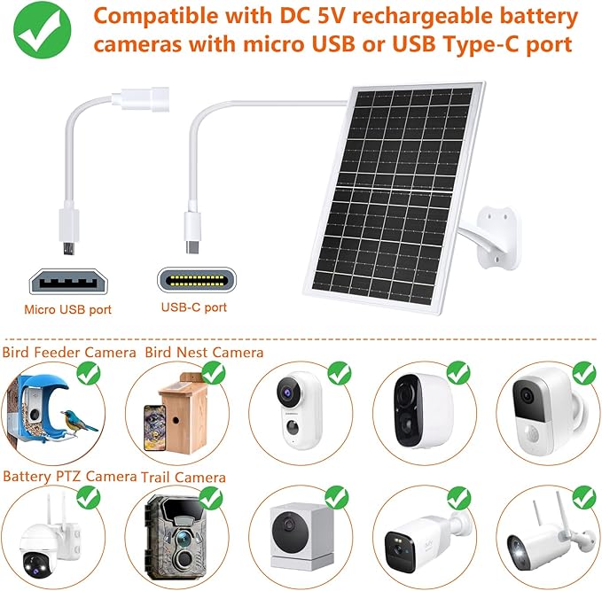 Zivif 13W Solar Panel for Outdoor Security Cameras, USB-C, Micro USB & 5.5x2.1mm DC Output, 360° Adjustable Mount, IP66 Waterproof, 7.2FT Cable, Compatible with Battery-Powered Cameras