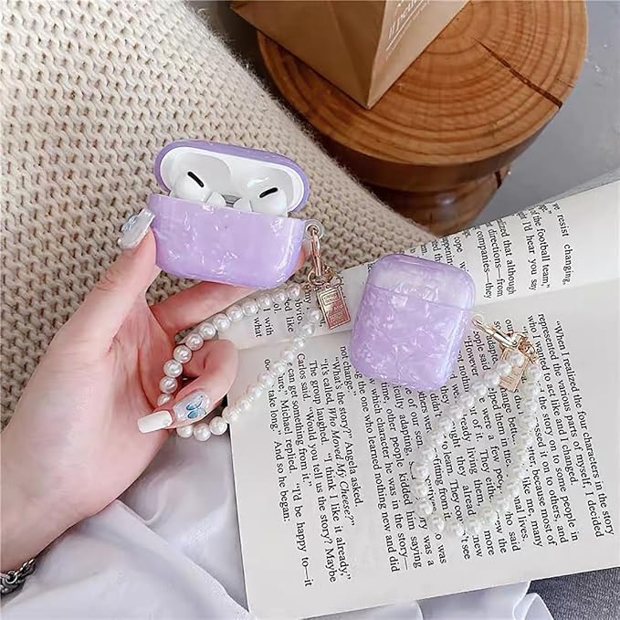 for Cute Glitter Airpods Pro/Pro 2 Gen Case with Cleaner Pen, Shell Pattern iPod Pro 2nd/1st Generation Cover Protective Skin Girl Women with Luxury Pearl Keychain 2023/2022/2019 - Purple