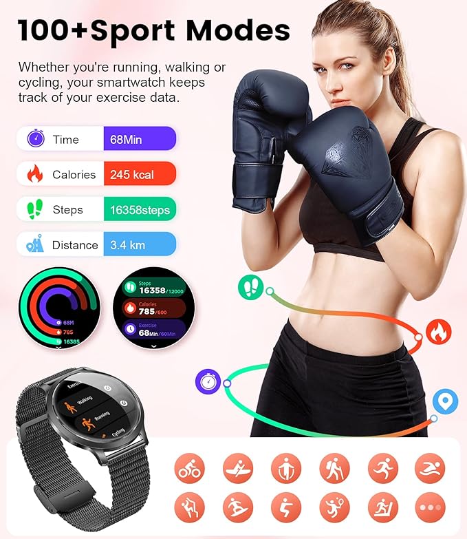 DREMAC Smart Watch(Make Call/Thin),1.32'' Amoled Curved Display for Android iPhone,Smart Watches for Women with Heart Rate Monitor,Sleep Monitor,Pedometer,IP68 Waterproof Fitness Tracker,Black Metal