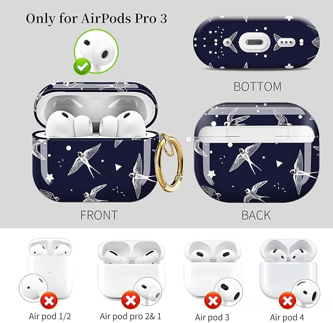 for AirPods Pro 3 Case, Compatible with AirPods Pro 3rd Generation Case (2025), Shockproof Protective Cover with Golden Carabine (Cute Bird)