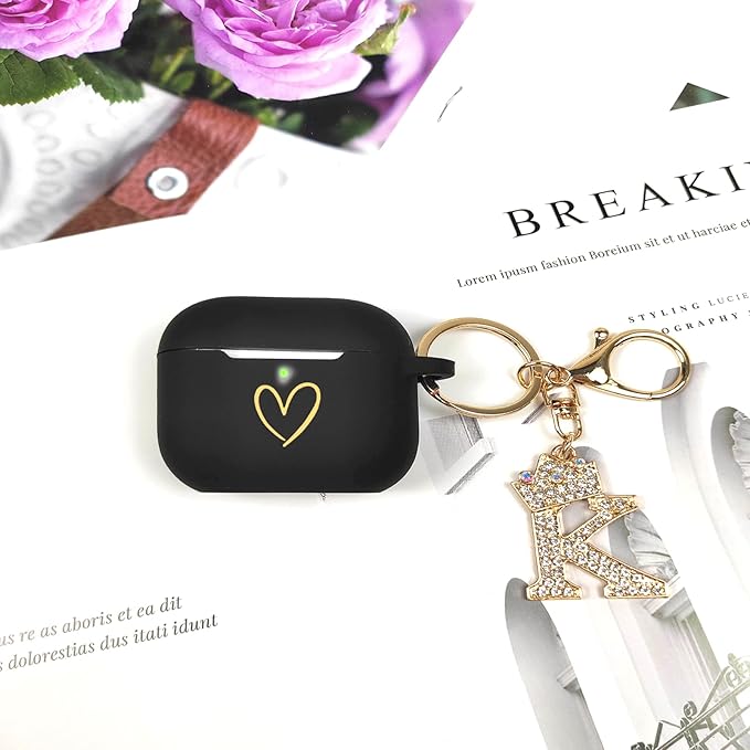 Compatible with AirPods Pro 3 Case Cover (2025), Soft Silicone Case with Gold Heart Pattern for AirPods Pro 3rd Generation Case with Rhinestone Studded Letter A-Z Keychain (K Black)
