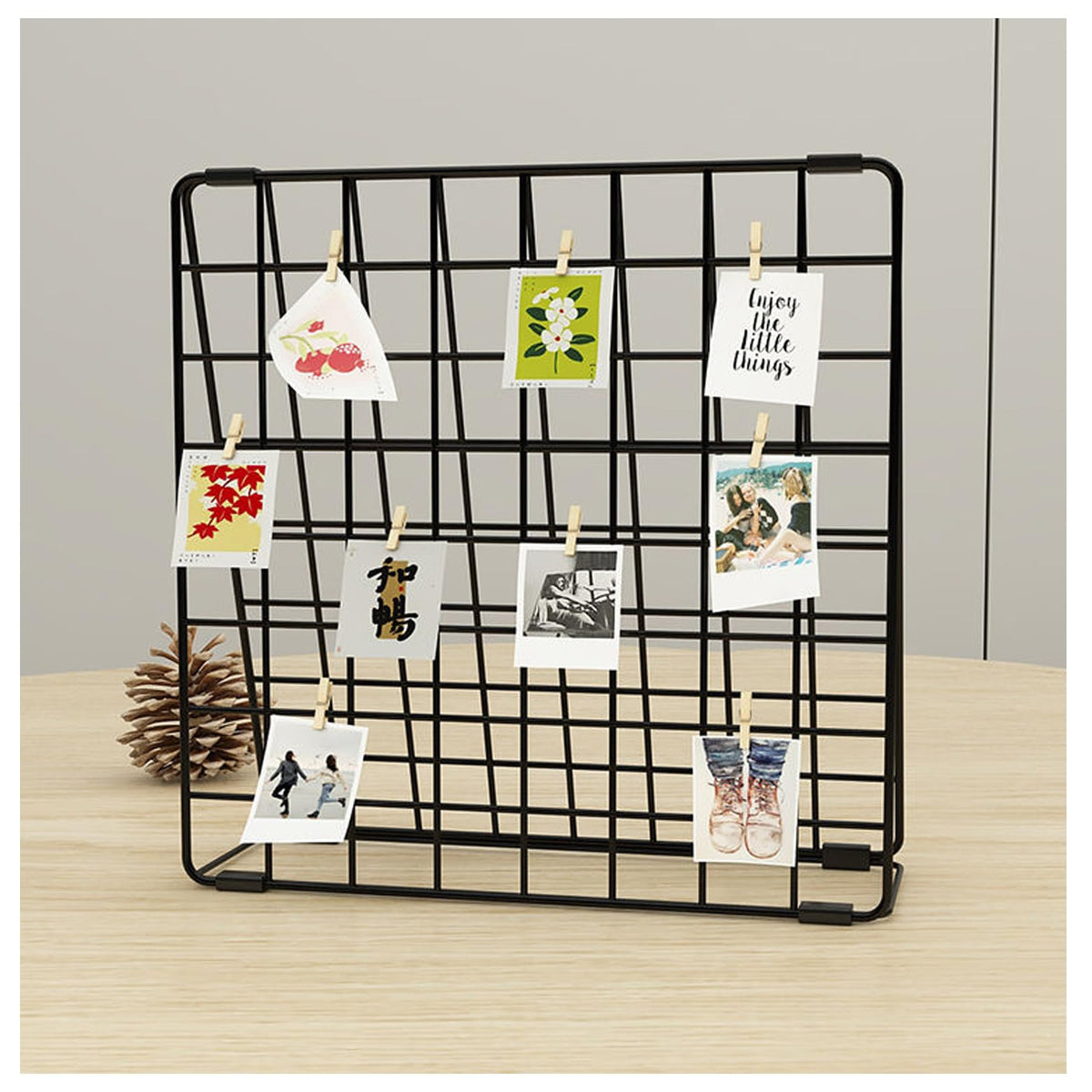 Photo Display Rack, Note Display Rack, Double sided Photo Metal Rack, Desk Photo Manager, With 20 Wooden Clips, Black