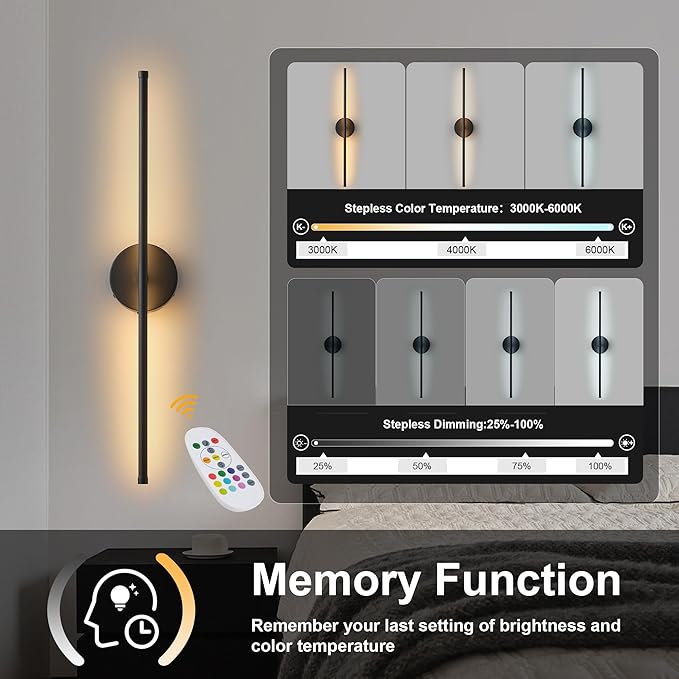Battery Operated Wall Sconces Set of Two, with Remote Control, Dimmable, Warm White/Natural White/Daylight/RGB, 350°Rotate, LED Black Wireless Wall Light for Living Room, Bedroom, 24.4 Inch