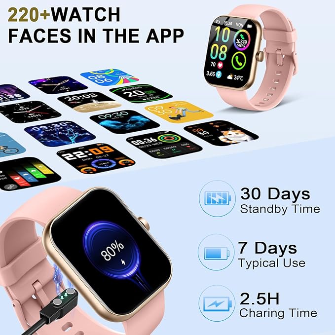 Smart Watch (Answer/Make Calls), 1.96"HD Smartwatch for Women Men, 2025 Activity Tracker with Heart Rate Monitor, Sleep Trackers, Pedometer, IP68 Waterproof, Fitness Watch for Android iOS Pink
