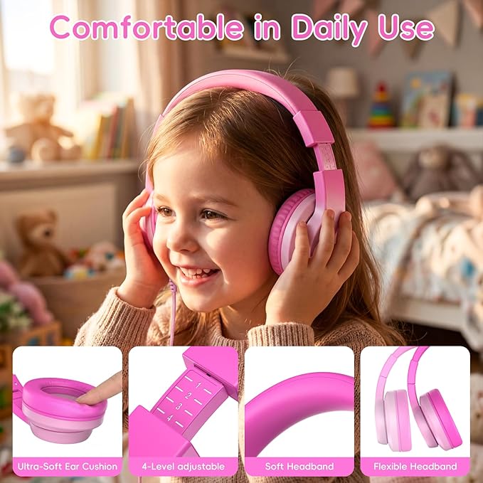 Wired USB C Kids Headphones, 85dB Safe Volume Limit, HD Stereo Sound, Adjustable Headband, Foldable Over-Ear Design for School/Travel/Boys/Girls/iPad/Tablet (Gradient Rose Pink,No Mic)