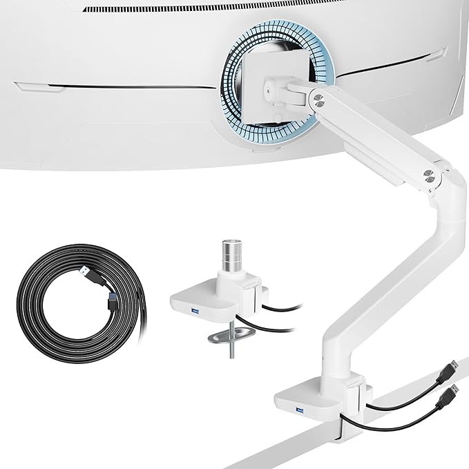 ARES WING Ultrawide Monitor Arm White with USB A/C, Heavy Duty Monitor Arm for 17 to 49 inch Screen, Holds 44 lbs, Adjustable Gas Spring Arm Desk Mount with Clamp and Grommet Base