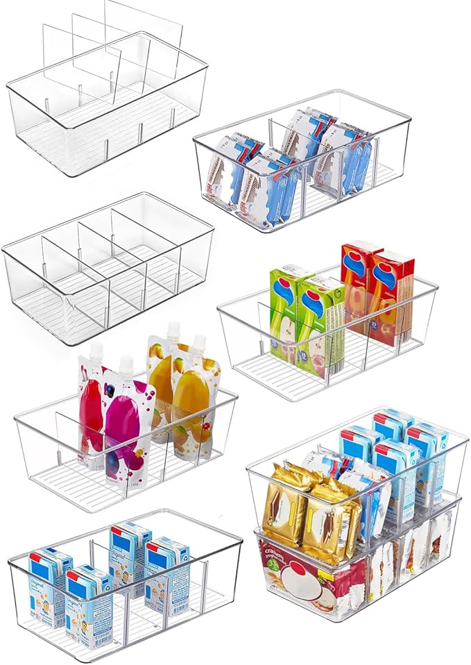 8 Pack Refrigerator Organizers and Storage,Clear Plastic Organizer Bins for Pantry,Kitchen,Fridge Organization and Storage,4 compartment Snack Containers for Spice Packets,Tea bag